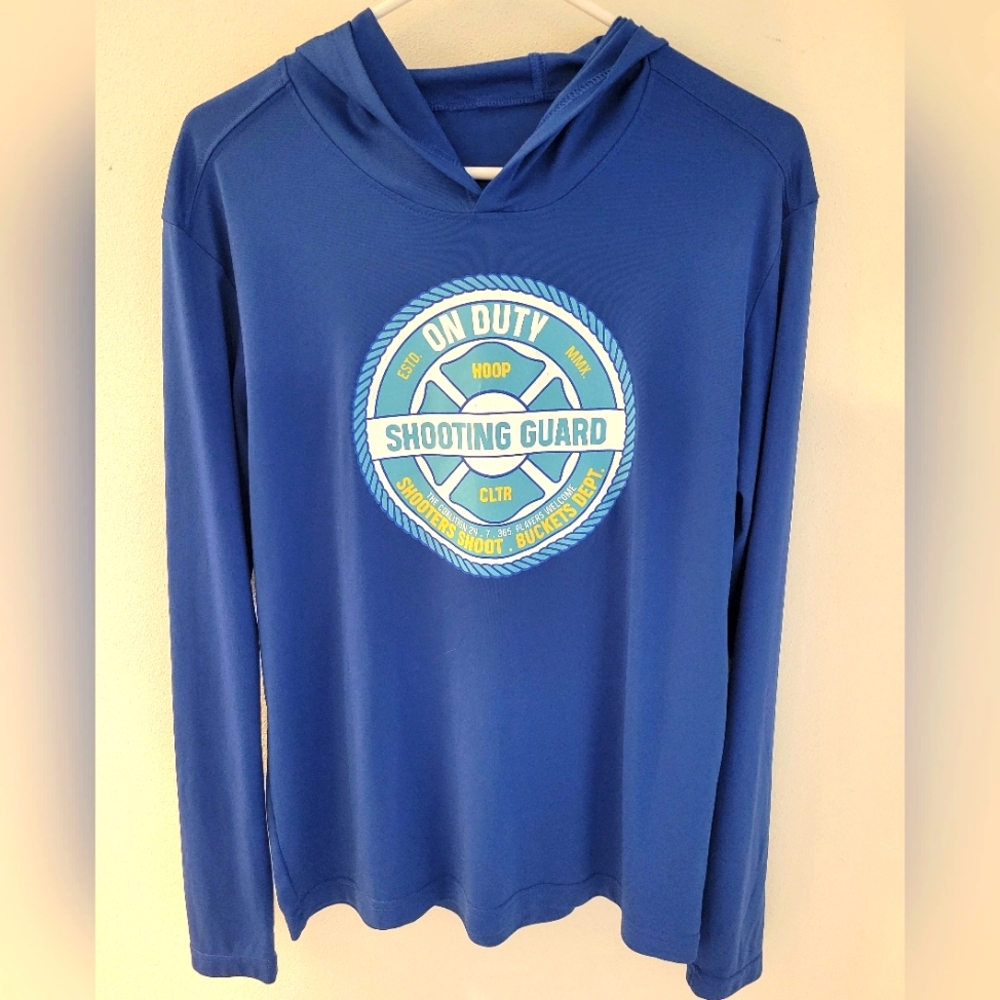 Men's blue long-sleeve pullover hoodie, medium
